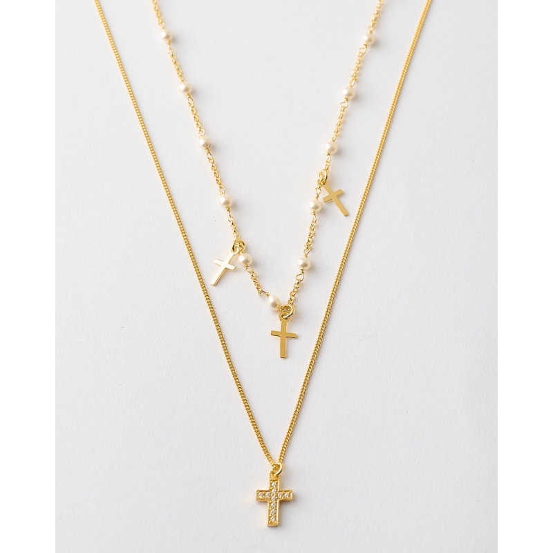 COLLAR DOBLE CADENA PERLAS Y CRUCES Y...